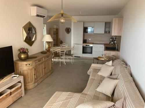 un salon avec un canapé et une cuisine dans l'établissement ajaccio Sanguinaires, à Ajaccio