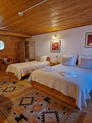 a bedroom with two beds and a wooden ceiling at Casa Tisaru in Lepşa