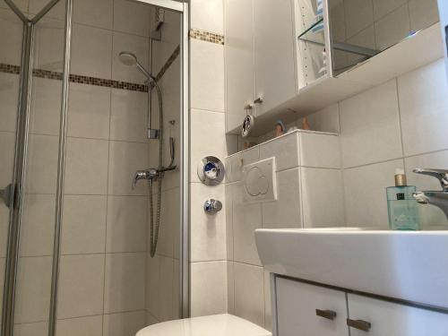 a bathroom with a shower and a toilet and a sink at Strandhotel-Superblick-60 in Dahme