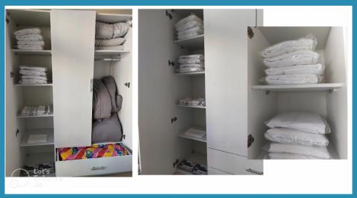 two pictures of a closet with towels in it at Las Cabanas Apartment in Marsa Alam City