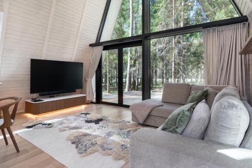 Una sala de estar con un sofá y un televisor de pantalla plana. en Kuuse elamusmajad, en Pillapalu