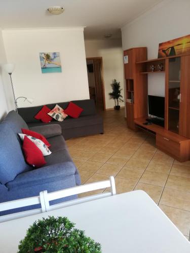 a living room with a couch and a tv at Amoreira Alvor - Praia e Piscina in Alvor