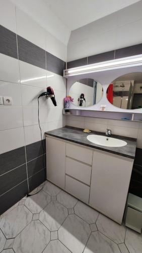 une salle de bain avec un lavabo et un miroir dans l'établissement T3 .Vue.jardin Terrasse Parking., à Carqueiranne
