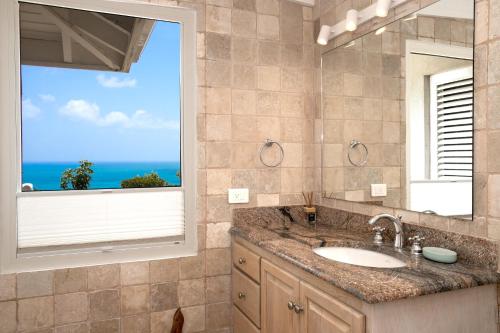 La salle de bains est pourvue d'un lavabo et d'une grande fenêtre. dans l'établissement Villa Mongoose - vue exceptionnelle, à Saint-Martin