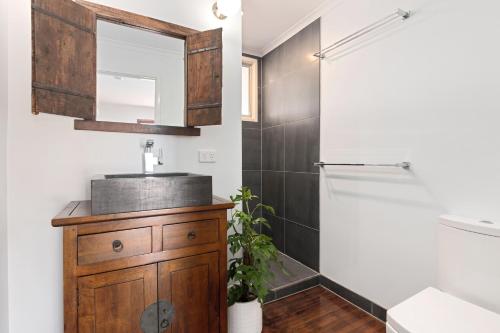 uma casa de banho com um lavatório, um espelho e um chuveiro em Vila Paus Dua - Beachfront Hervey Bay em Hervey Bay