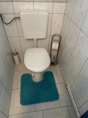 a bathroom with a toilet and a blue rug at Studio Übersee in Prerow