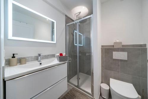 une salle de bain avec une douche, des toilettes et un lavabo dans l'établissement Cannes superbe appartement renové, à Cannes