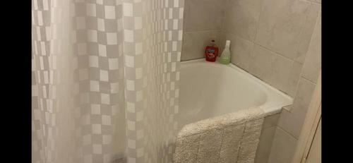 baño con ducha con cortina blanca en Calido en Mendoza