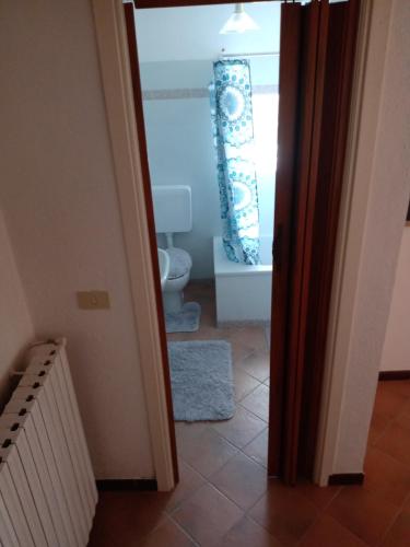 a bathroom with a toilet and a window with a curtain at Bed and Breakfast Nicole Ponti in Ponti