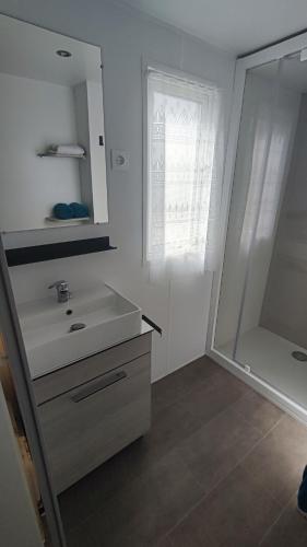 une salle de bain blanche avec un lavabo et un miroir dans l'établissement Mobil home les sables du midi 4 étoiles, à Valras-Plage