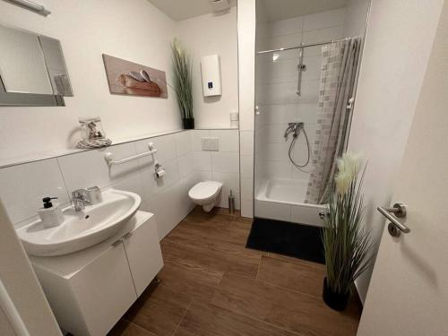 a bathroom with a sink and a toilet and a shower at Ferienzimmer in Euskirchen in Euskirchen