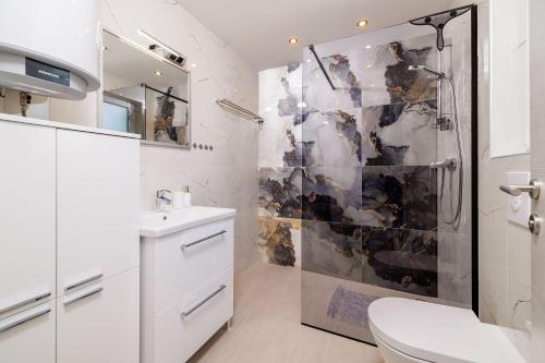 uma casa de banho com um chuveiro, um WC e um lavatório. em Mit Pool, Balkon unweit von Heilschlamm Bucht em Kras