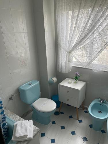 a bathroom with a blue toilet and a sink at Piso O Percebe in Muxia