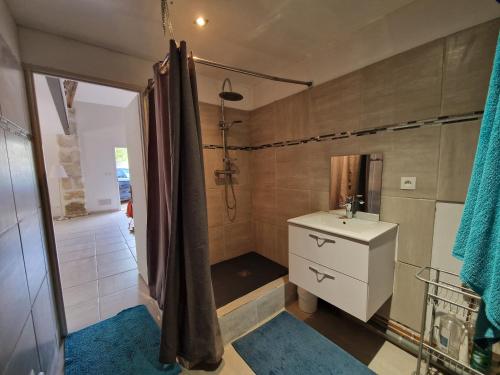 une salle de bain avec une douche avec un lavabo et des toilettes dans l'établissement Duplex avec jardin et grande terrasse 8 personnes, à Campagnan