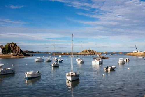 a group of boats in a body of water at Charmante maison de pecheur in Ploubazlanec
