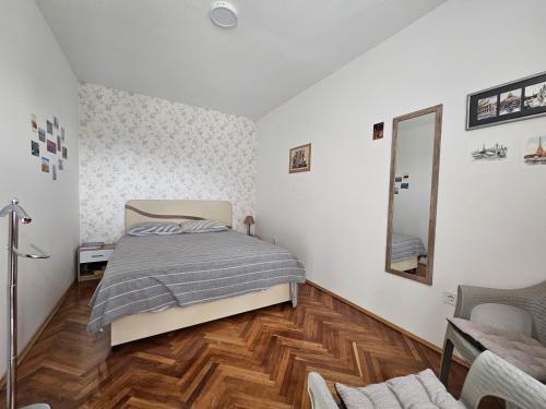 een slaapkamer met een bed en een spiegel aan de muur bij Sunčani apartman in Nikšić