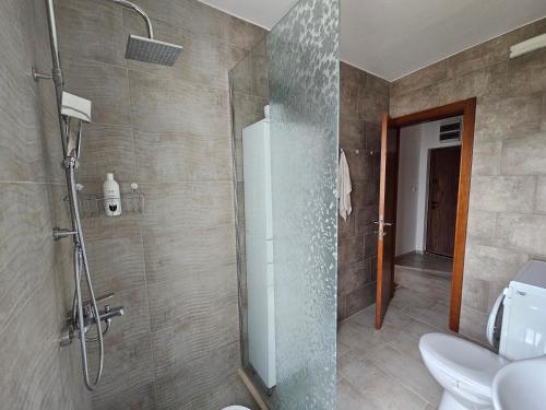 une salle de bain avec douche et toilettes dans l'établissement Sunčani apartman, à Nikšić