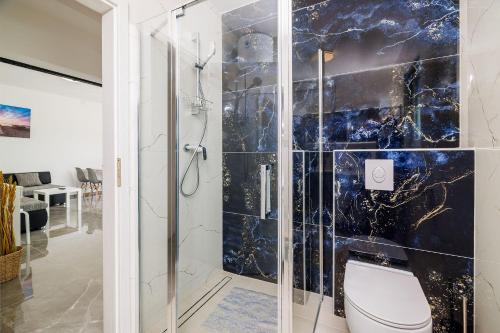a bathroom with a shower with a toilet at Pool mit Salzektrolyse unweit der Heilschlamm Bucht in Kras