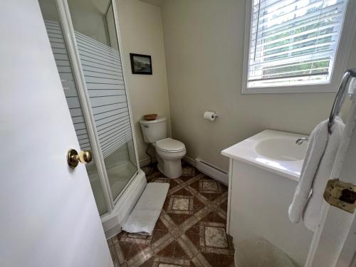 a bathroom with a shower and a toilet and a sink at Liftlock Guest House in Peterborough