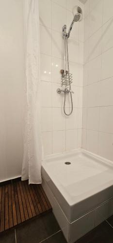 y baño con ducha y bañera blanca. en Appartement avec terrasse, en Saint-Denis