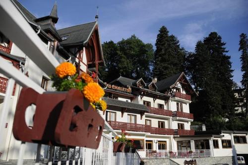 a large building with a flower pot on a fence at Hotel Les Chalets in Brides-les-Bains