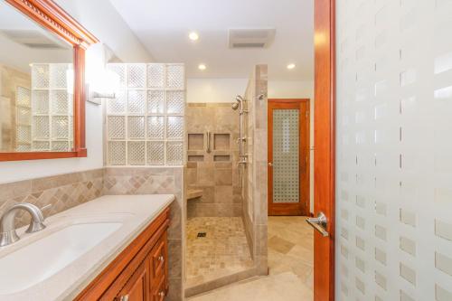 un baño con lavabo y ducha en Pure Hygge - 1 block off Lake, Tranquil & Pet Friendly, en Fennville