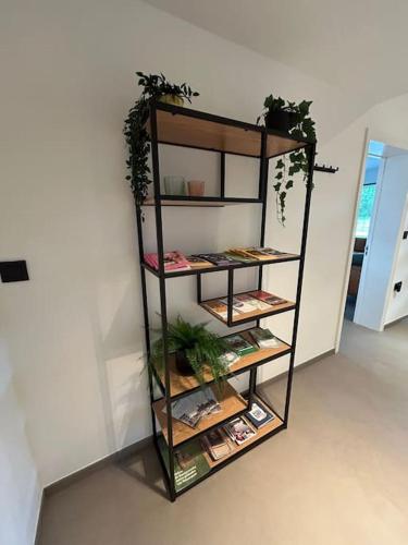 a book shelf with magazines and plants on it at Vakantiehuis Laurine in Deinze