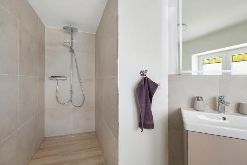 a bathroom with a shower and a sink at Ferienhaus Schleibengel in Maasholm