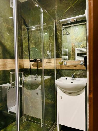 a bathroom with a glass shower and a sink at Hotel Raj in Dedinky