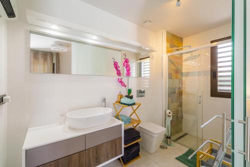 La salle de bains est pourvue d'un lavabo et d'une douche. dans l'établissement Luxe villa met verwarmd zwembad, à Orihuela