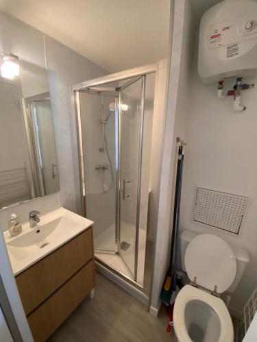 une salle de bain avec une douche, des toilettes et un lavabo dans l'établissement AU BORD DU LAC, à Soustons