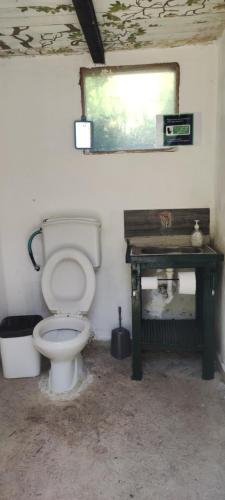 a bathroom with a toilet and a table with a mirror at Gjipe Eco Campground in Vuno
