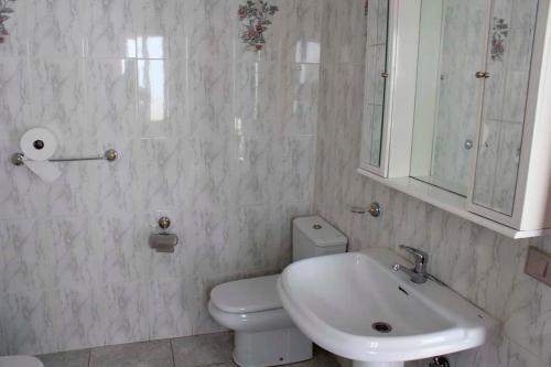 a bathroom with a white toilet and a sink at Pensión Albergue Gonzar in Portomarin