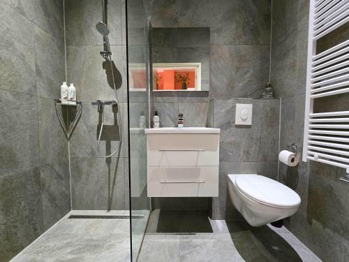 La salle de bains est pourvue de toilettes et d'une douche en verre. dans l'établissement Seas The Day, à Zandvoort