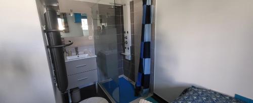 une salle de bain avec douche et lavabo dans l'établissement Appartement à 200 m de l'Etang de Thau, à Mèze