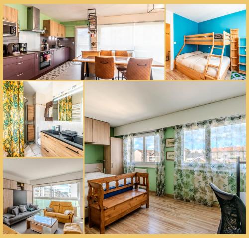 un collage de photos d'une cuisine et d'un salon dans l'établissement T3 I Lumineux I Annemasse, à Annemasse