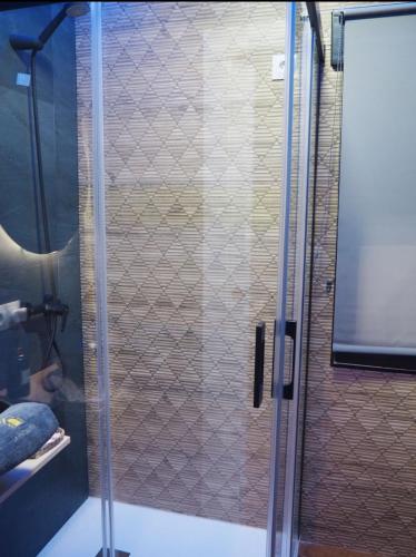 La salle de bains est pourvue d'une douche avec une porte en verre. dans l'établissement Apartamento Alfacar, à Alfacar