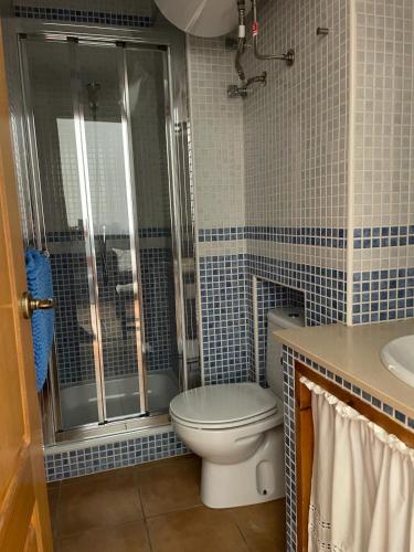 a bathroom with a toilet and a shower and a sink at Apartamento Puerta del Perdón in Constantina