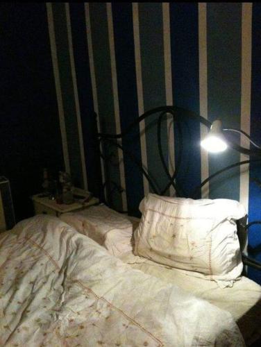 ein unmaskiertes Bett mit einer Lampe darüber in der Unterkunft 2 pièces 40m2 au bord du lac à Breil sur Roya in Breil-sur-Roya