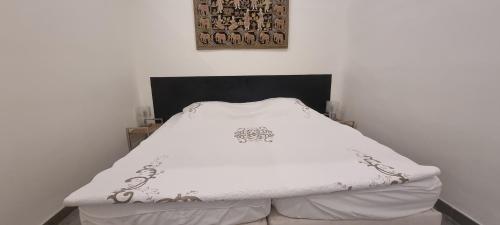 カンヌにあるOne Bedroom Carré d'Or Cannesの白い毛布が備わるドミトリールームのベッド1台分です。