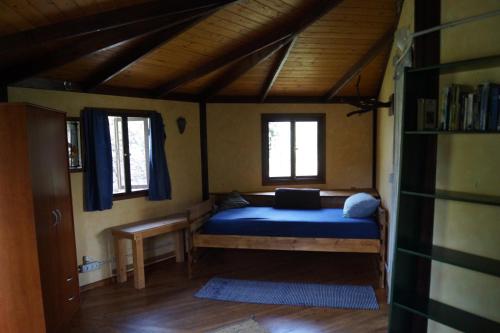 La casita del jardinero في لوس يانوس دي أريداني: غرفة نوم بسرير ازرق ونوافذ