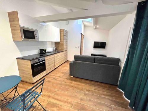 un salon avec un canapé et une cuisine dans l'établissement Carina- 2-4 pers- Standing Hyper centre climatisé, à Saint-Raphaël