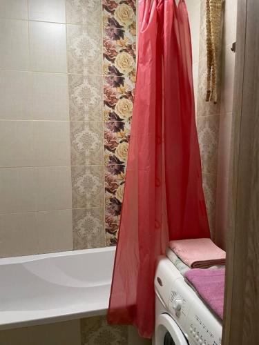 a bathroom with a bath tub and a washing machine at Автовокзал in Rivne