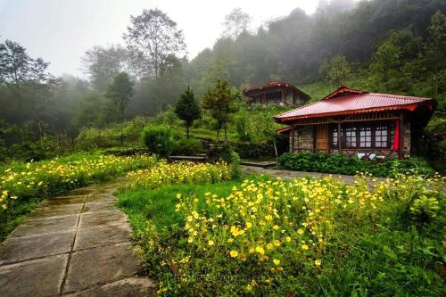 a garden with yellow flowers in front of a house at Mt.Narsing Village Resort in Ravangla