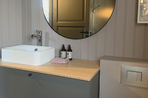 ein Badezimmer mit einem weißen Waschbecken und einem Spiegel in der Unterkunft Heart of the Golden Circle with Hot Tub in Selfoss