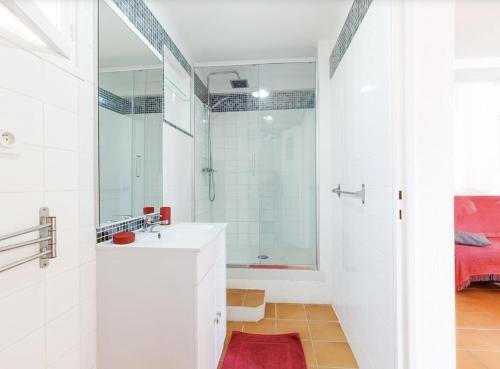 une salle de bain blanche avec un lavabo et un miroir dans l'établissement Tilou Location - Giens - proche des plages et du villages, à Hyères