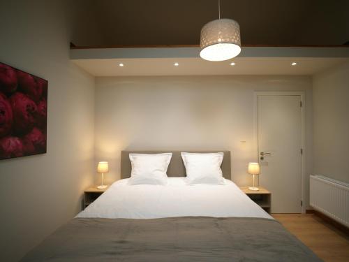 a bedroom with a large bed with two lamps at Le Château de Lausprelle in Gerpinnes