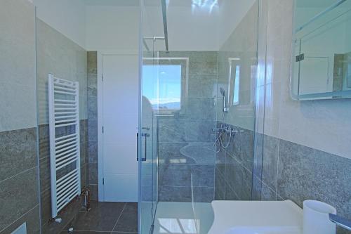 a bathroom with a glass shower and a toilet at Guesthouse Viktorija Flat in Otočac