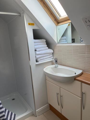 een badkamer met een wastafel en een douche bij Tigh na Drochaid, Glen Nevis Entire Apartment in Fort William
