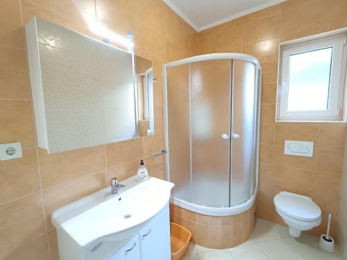 a bathroom with a shower and a sink and a toilet at Haus Mit Meerblick in Lopar